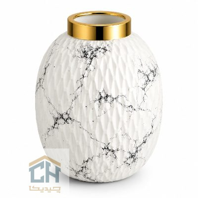 گلدان شیشه ای سفید طلایی مدل 5-105 با رگه های مشکی