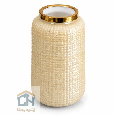 گلدان شیشه ای کرم بلند مدل 4-301 با بدنه بافت دار و حلقه طلایی