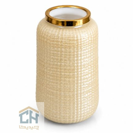 گلدان شیشه ای کرم بلند مدل 4-301 با بدنه بافت دار و حلقه طلایی