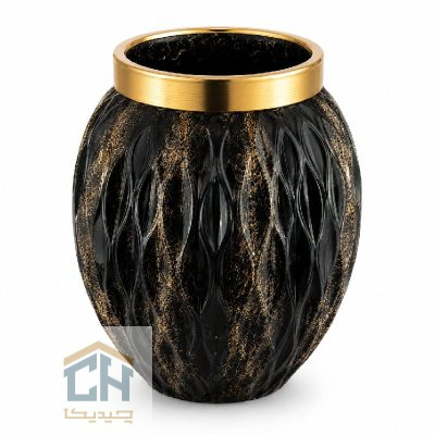 گلدان شیشه ای مشکی مدل 1-108 با رگه های طلایی و دهانه فلزی
