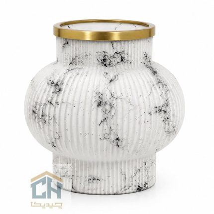 نمای رو به رو گلدان سفید مدل 5-116 با فرم خمره ای و رگه های مشکی