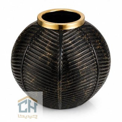 گلدان شیشه ای توپی مدل 1-114 با بدنه مشکی و رگه های طلایی