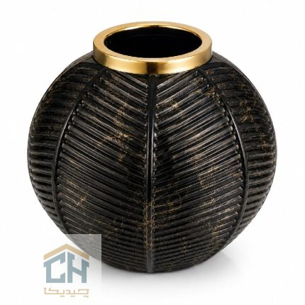 گلدان شیشه ای توپی مدل 1-114 با بدنه مشکی و رگه های طلایی