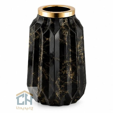 گلدان شیشه ای بلند مشکی مدل 1-109 با رگه های طلایی و بدنه هندسی