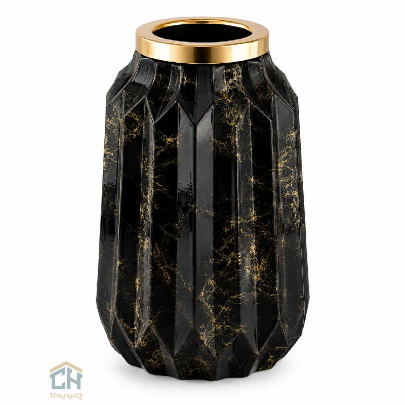 گلدان شیشه ای طرح لنا ماربل مدل 1-109 گلدان شیشه ای بلند مشکی مدل 1-109 با رگه های طلایی و بدنه هندسی