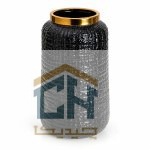 گلدان شیشه ای سرمه ای مدل 2-301 با بدنه بافت دار و حلقه طلایی