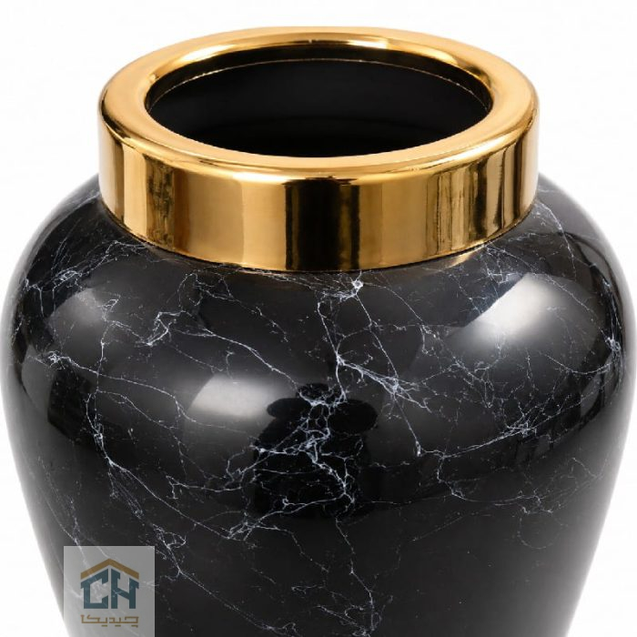 نمای نزدیک حلقه طلایی و رگه های نقره ای روی بدنه مشکی براق