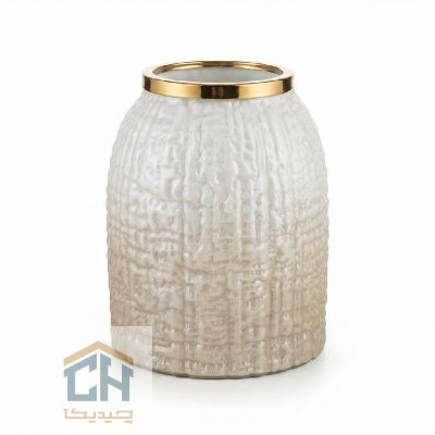 گلدان شیشه ای ابر و بادی مدل 1-216 با بدنه بافت ‌دار و حاشیه طلایی از نمای رو به ‌رو