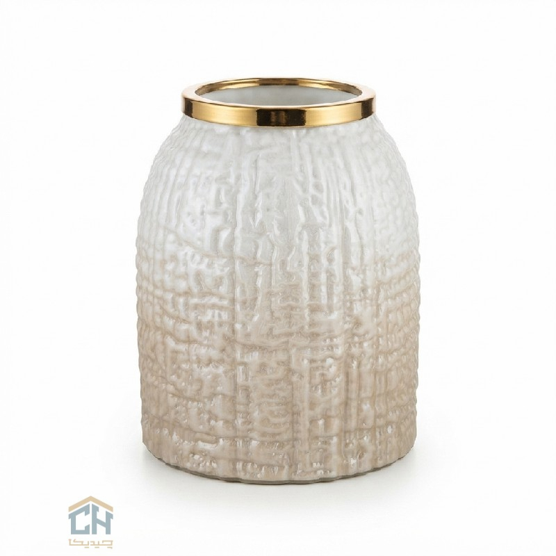 گلدان شیشه ای ابر و بادی مدل 1-216 با بدنه بافت ‌دار و حاشیه طلایی از نمای رو به ‌رو